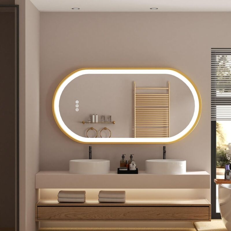foto del prodotto specchio da bagno con led luce ovale dorata cornice 100x50cm luvodi