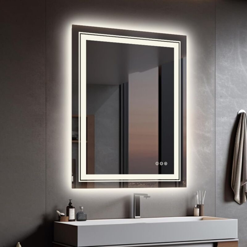 foto del prodotto specchio da bagno con led luce retroilluminato + frontale specchio smart rettangolare 50x70cm touch anti-appannamento