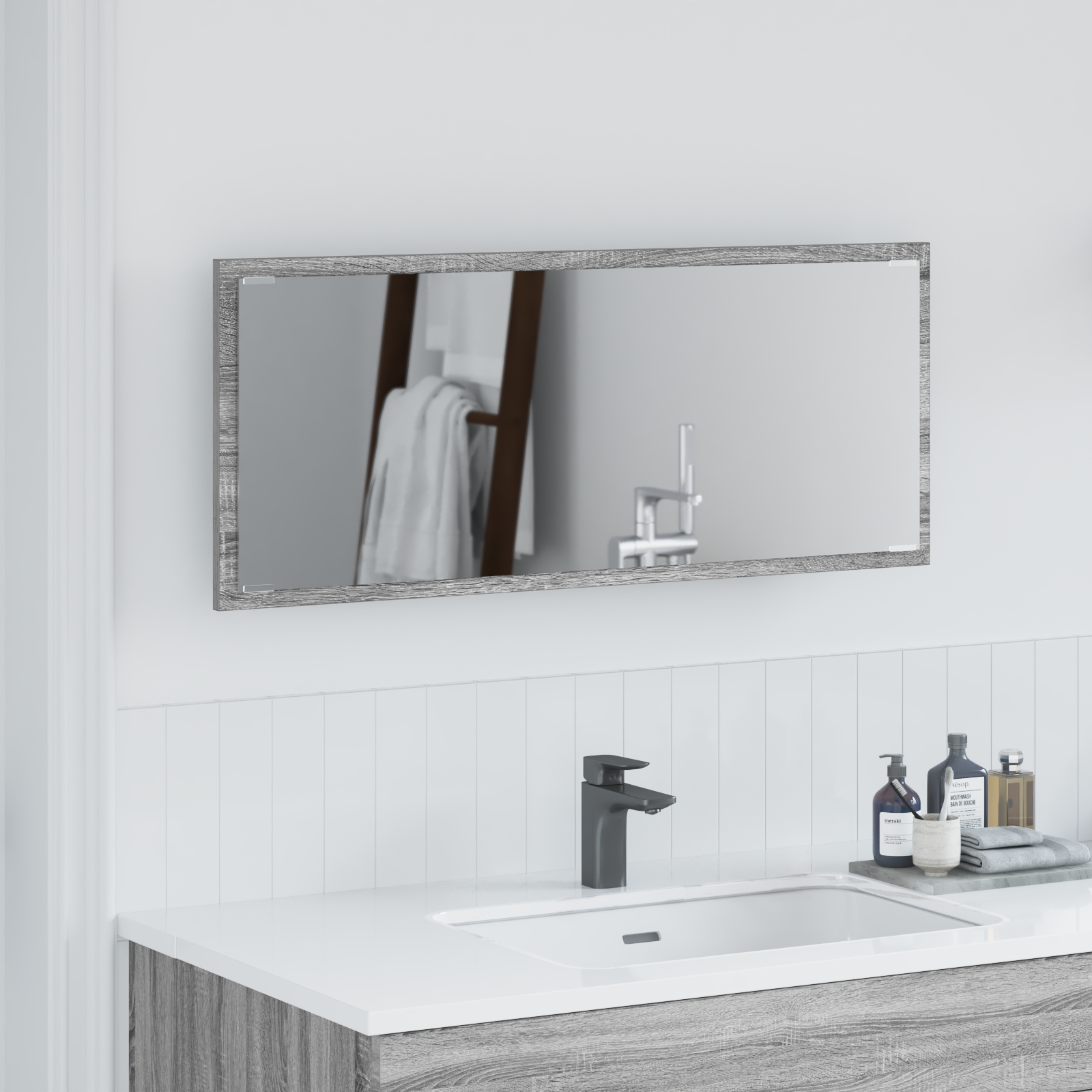 foto del prodotto specchio da bagno con luce led grigio sonoma 90x8,5x37 cm