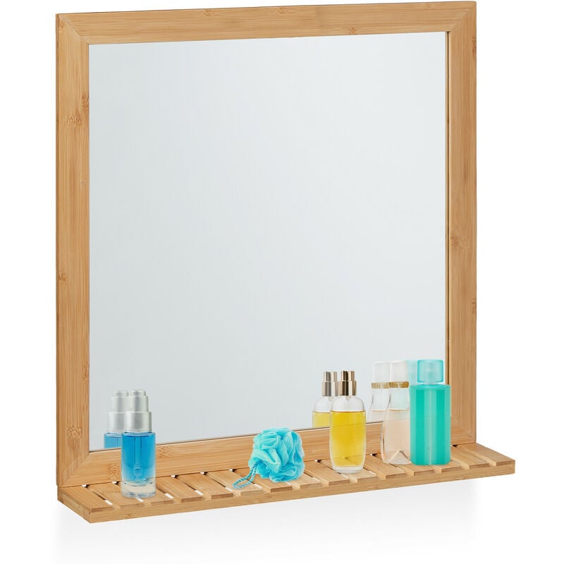 foto del prodotto specchio da bagno con mensola da parete, specchiera quadrata con ripiano, hlp 61,5x60x12 cm, bamb , naturale relaxdays