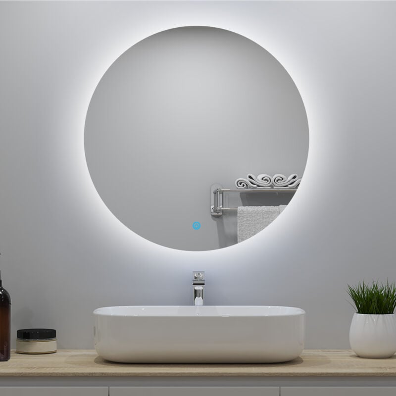 foto del prodotto specchio da bagno, diametro 70 cm, 6000k luce fredda, antiappannamento, touch control, infinitamente dimmerabile, led