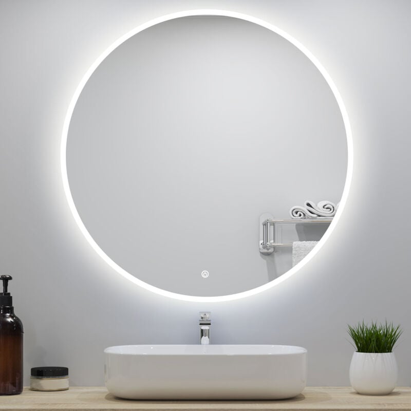 foto del prodotto specchio da bagno, diametro 80 cm, antiappannamento, touch control, infinitamente dimmerabile, 6000k luce fredda, led