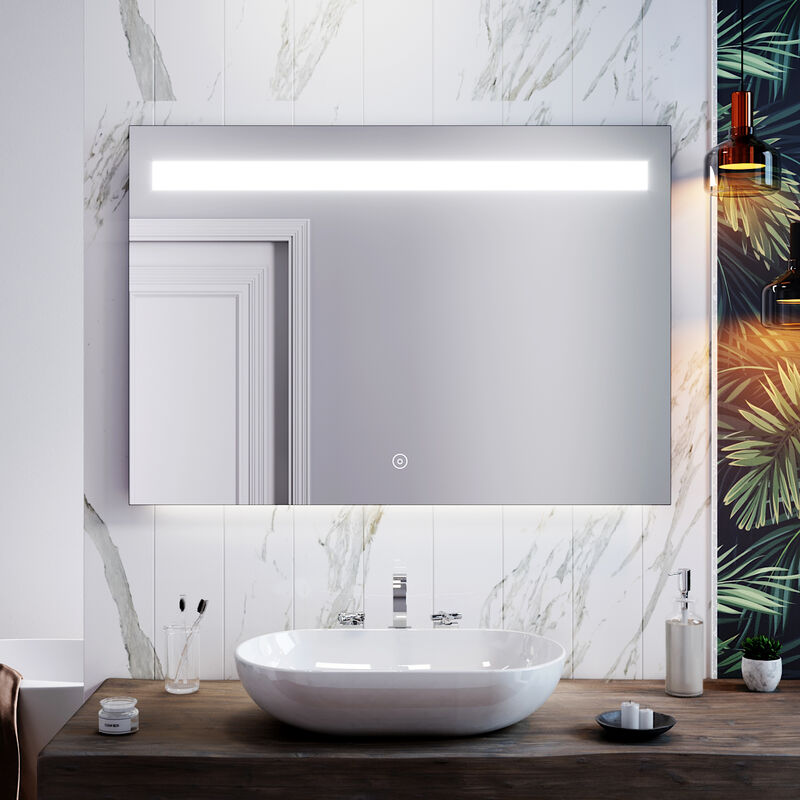foto del prodotto specchio da bagno illuminato a led, specchio da parete da bagno 1000 x 700 mm con touch control e anti appannamento, impermeabile ip44 sirhona