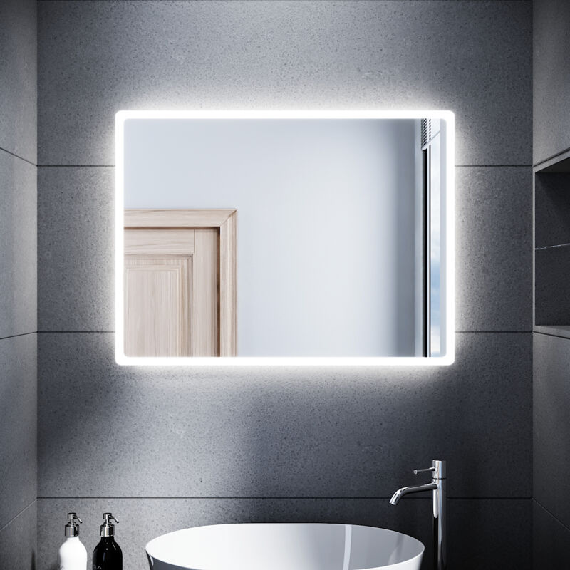 foto del prodotto specchio da bagno illuminato a led specchio da parete da bagno moderno bianco freddo impermeabile ip44 a risparmio energetico 80 x 60cm sonni