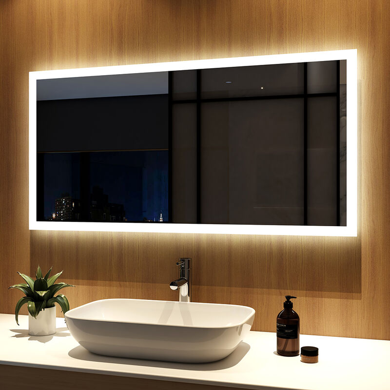 foto del prodotto specchio da bagno illuminato con antiappannamento e bottone, 120x60cm led specchio bagno meykoers
