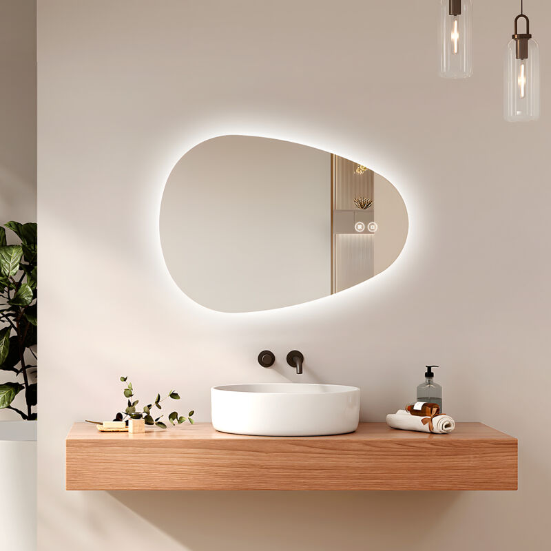 foto del prodotto specchio da bagno illuminato con retroilluminazione, specchio da bagno asimmetrico, antiappannamento, interruttore touch, 3 colori di luce