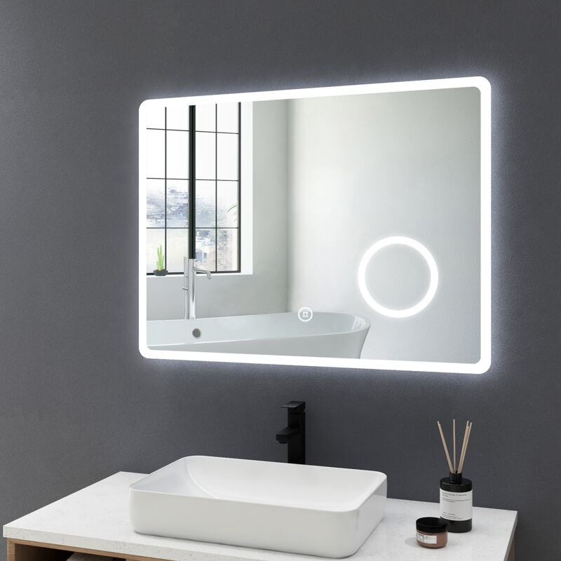 foto del prodotto specchio da bagno illuminazione led con ingrandimento 3x e antiappannamento, 80x60cm specchio bagno, luce a 3 colori, luce variabile meykoers