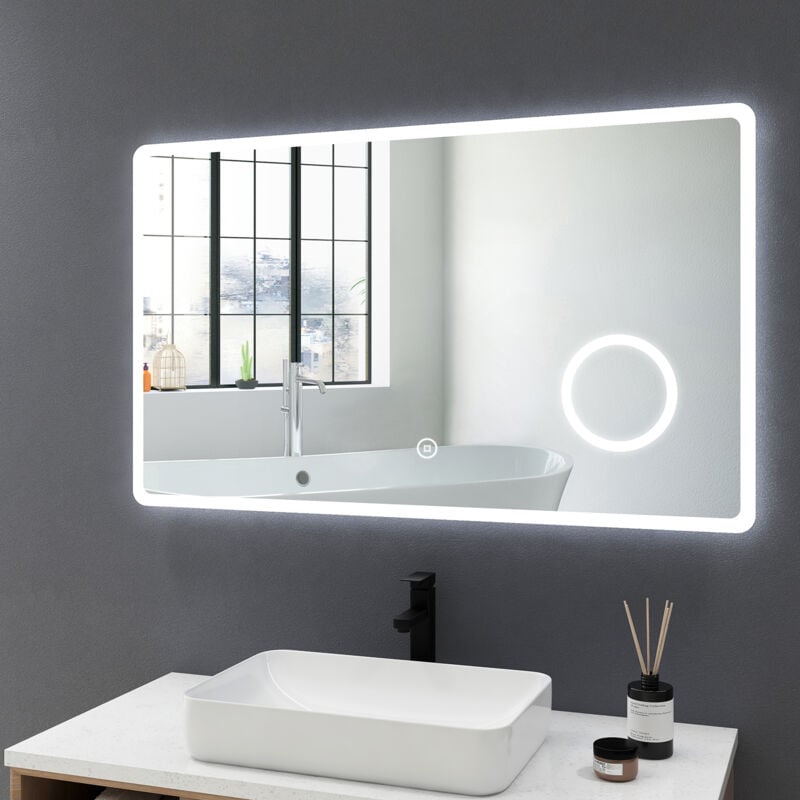 foto del prodotto specchio da bagno illuminazione led con ingrandimento 3x e interruttore tattile 100x60cm specchio bagno, 6500k bianco freddo meykoers