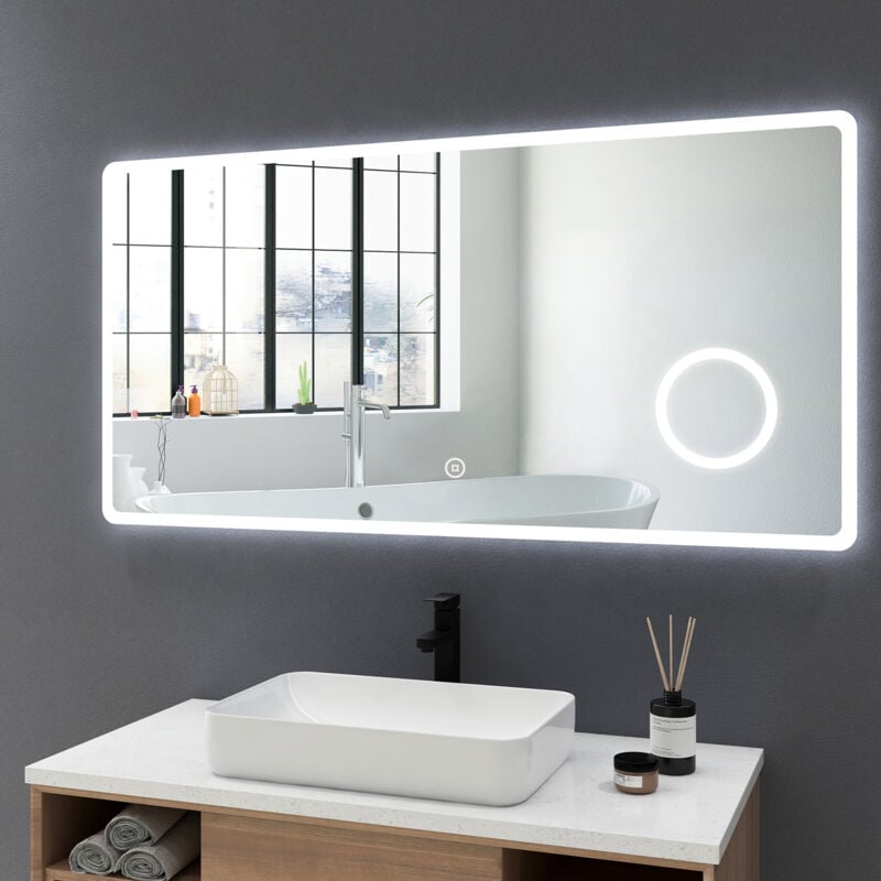 foto del prodotto specchio da bagno illuminazione led con ingrandimento 3x e interruttore tattile 120x60cm specchio bagno, 6500k bianco freddo meykoers