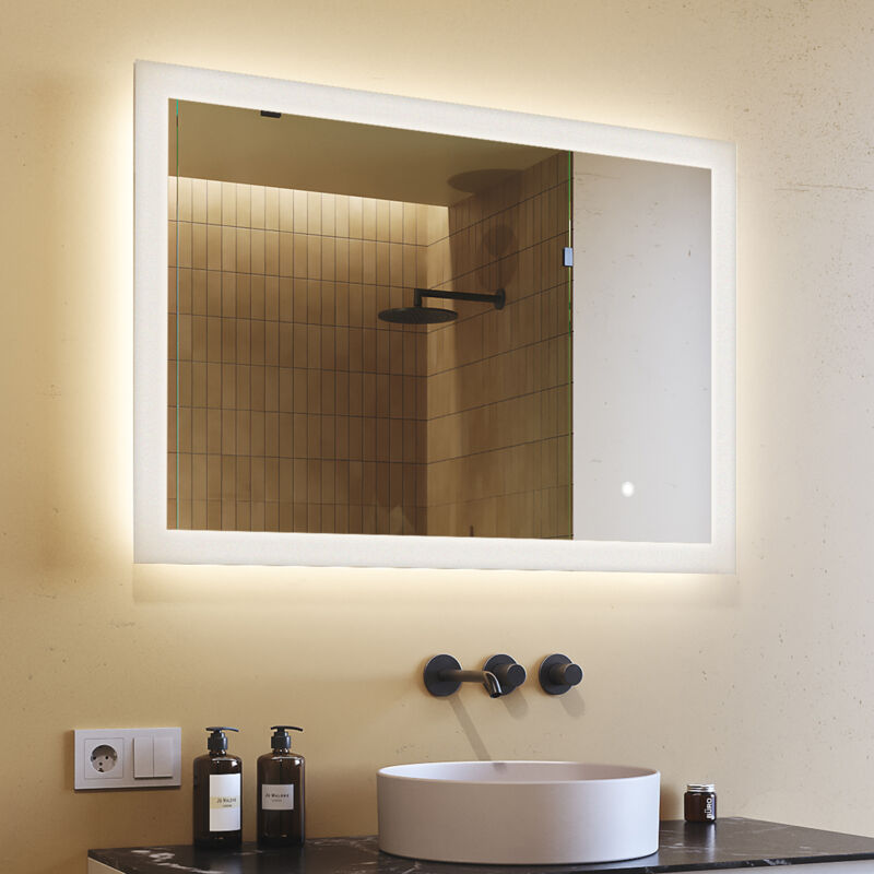foto del prodotto specchio da bagno led 100x70cm, interruttore tattile mezzo, 3 colori luce