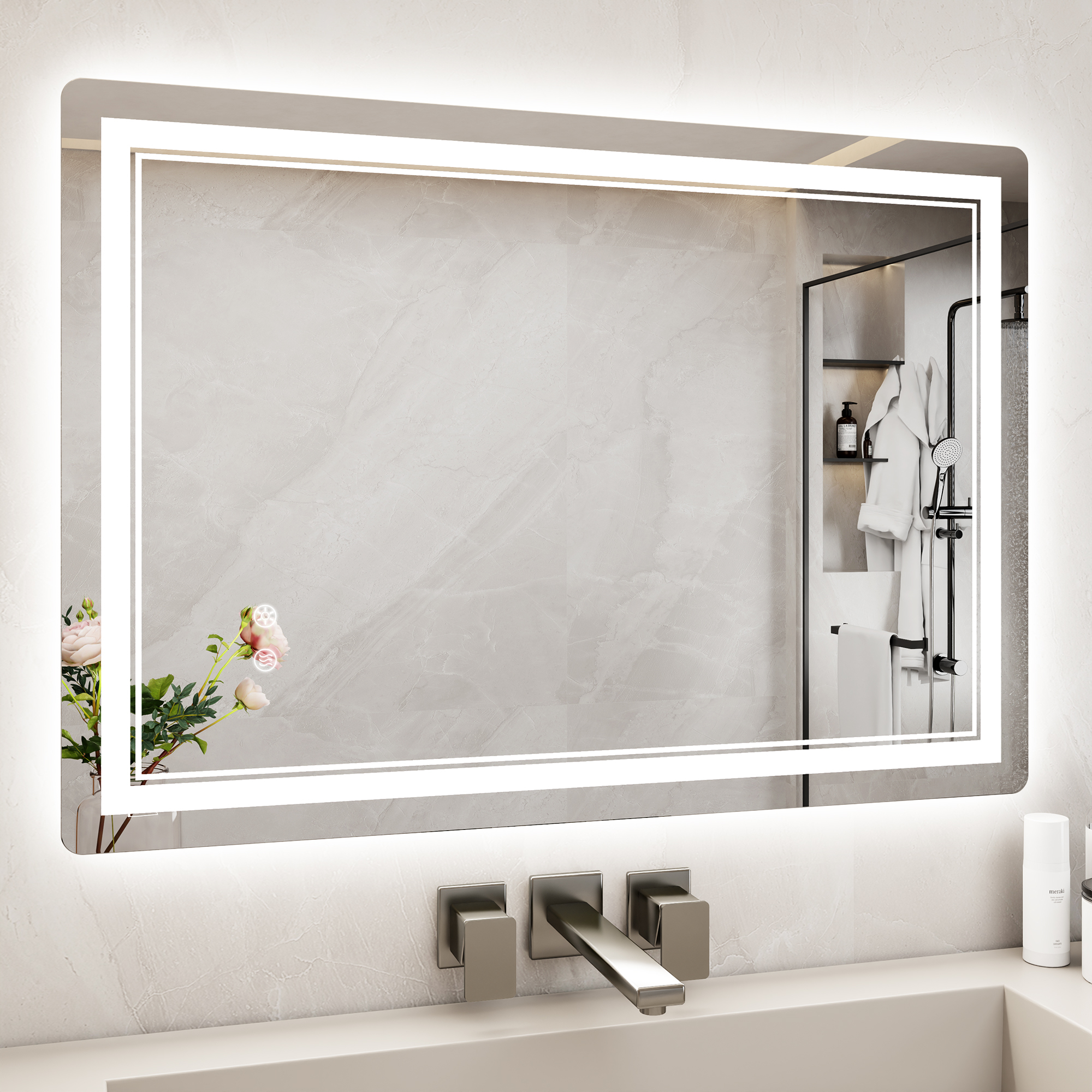 foto del prodotto specchio da bagno led 50x70cm rattantree specchio per il trucco con illuminazione a 3 colore con controllo a sfioramento specchio da bagno antiappannamento