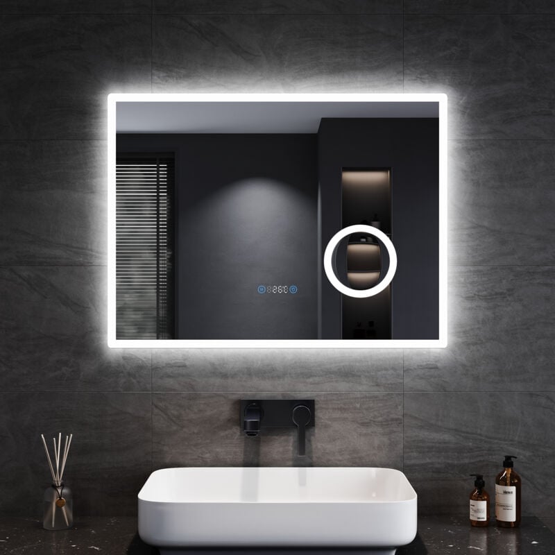 foto del prodotto specchio da bagno led con ingrandimento 3x e illuminazione specchio con orologio digitale specchio da bagno antiappannamento 80x60cm sonni