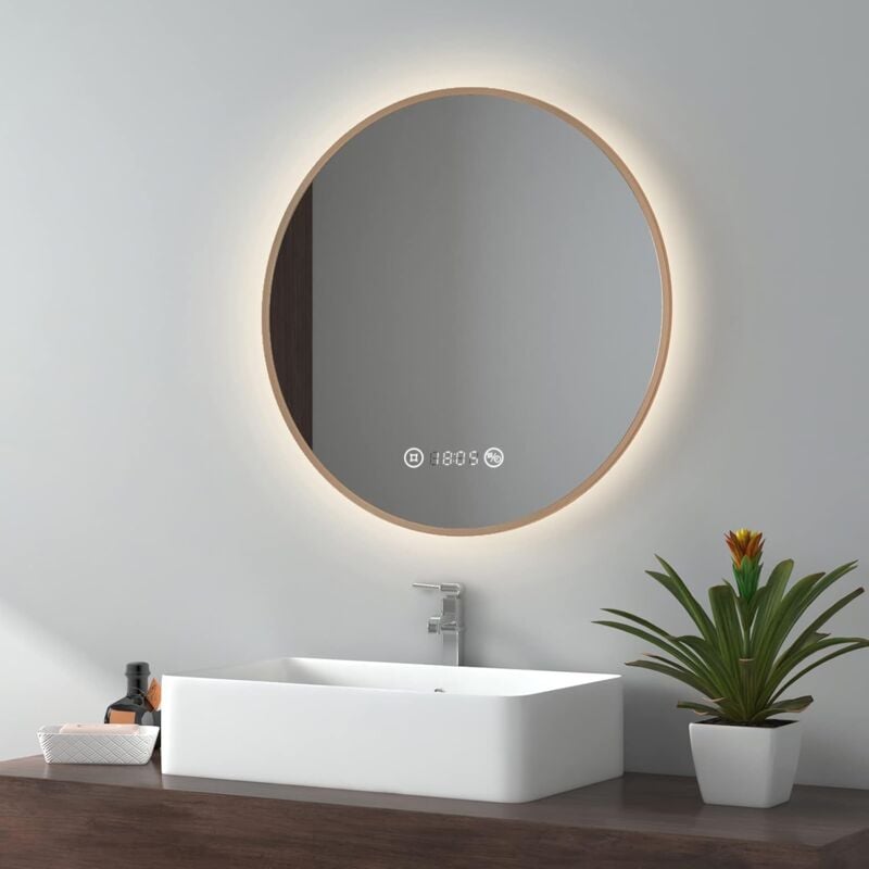foto del prodotto specchio da bagno led con interruttore touch, antiappannamento, orologio, temperatura, dimmerabile, funzione memory, luce neutra, diametro 60 cm