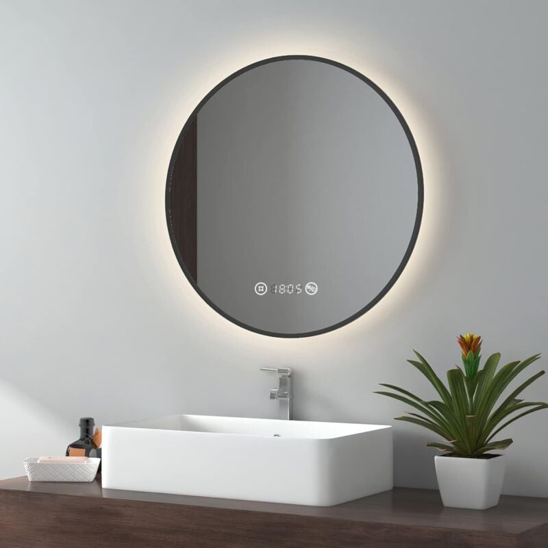 foto del prodotto specchio da bagno led con interruttore touch, antiappannamento, orologio, temperatura, dimmerabile, funzione memory, luce neutra, diametro 60 cm cornice nera - emke