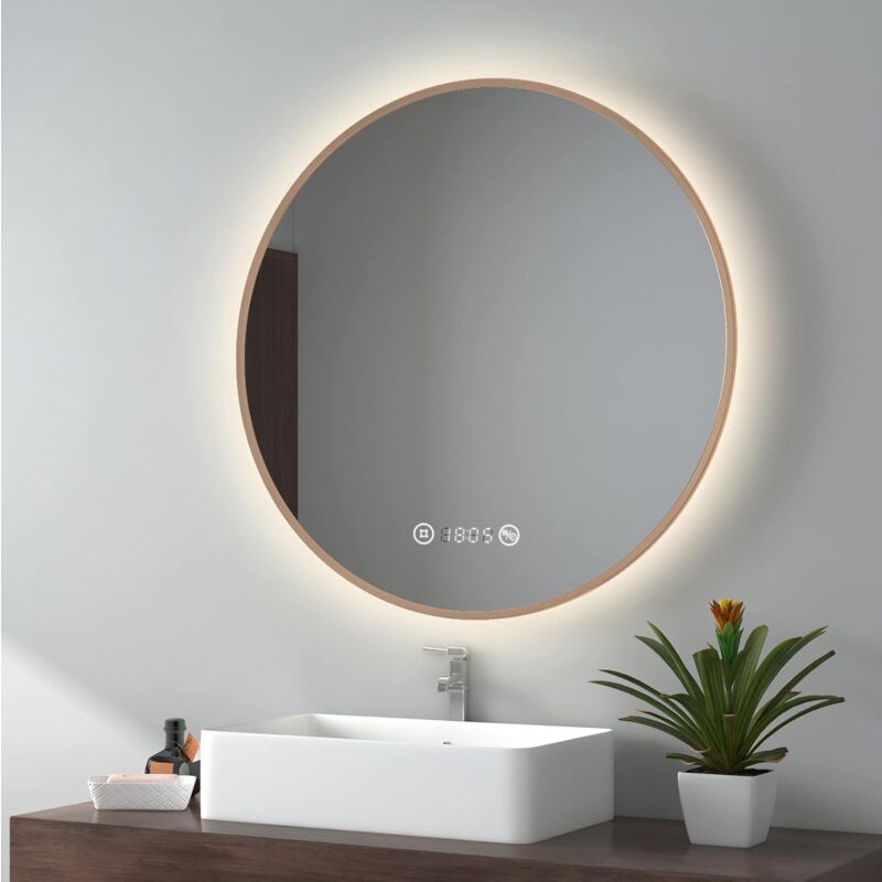 foto del prodotto specchio da bagno led con interruttore touch, antiappannamento, orologio, temperatura, dimmerabile, funzione memory, luce neutra, diametro 80 cm