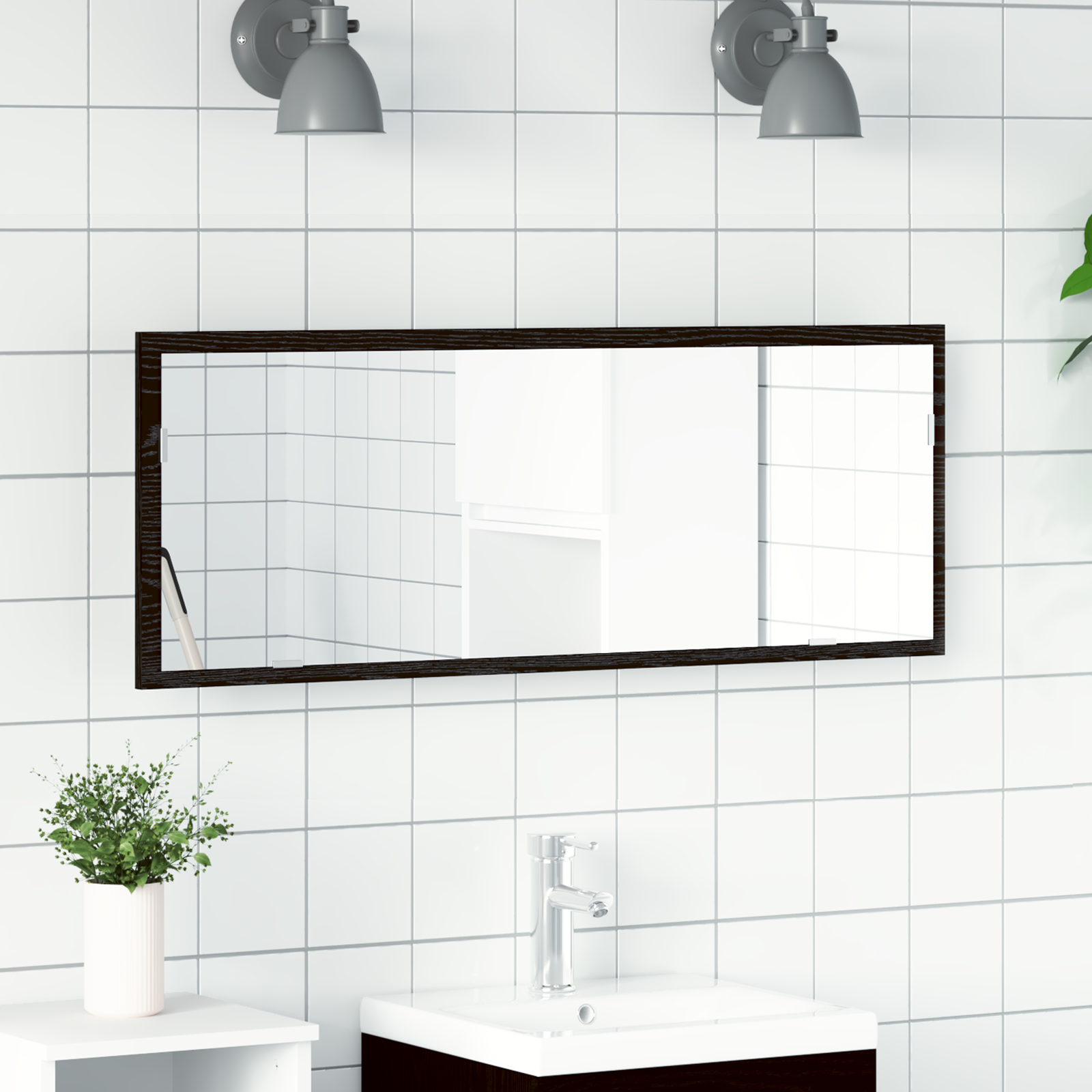 foto del prodotto specchio da bagno led nero rovere 100x8,5x37 cm in legno ingegnerizzato