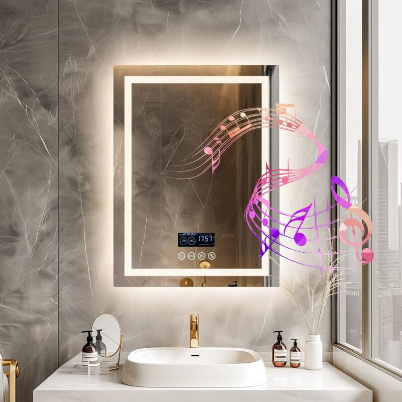 foto del prodotto specchio da bagno led smart con bluetooth e orologio, retroilluminato frontale luce, 60x80cm