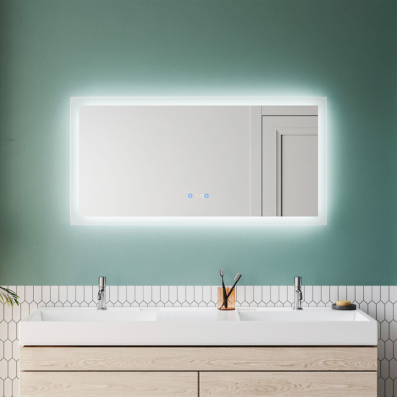 foto del prodotto specchio da bagno led touch specchio da bagno con illuminazione anti fog orologio specchio da parete 120x60 bagno sirhona