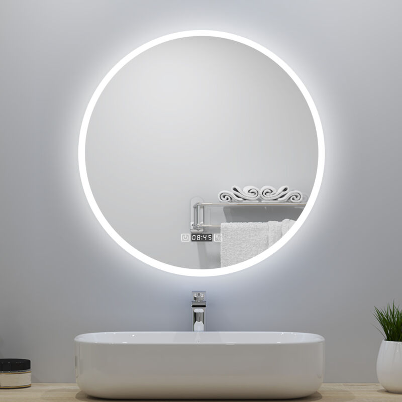 foto del prodotto specchio da bagno,orologio, 3 temperature di colore, antiappannamento, touch, infinitamente dimmerabile, diametro 80 cm, led