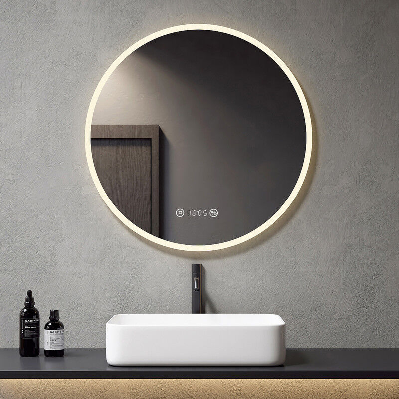 foto del prodotto specchio da bagno rotondo 80cm illuminazione led specchio da parete con interruttore touch antiappannamento orologio dimmerabile funzione di