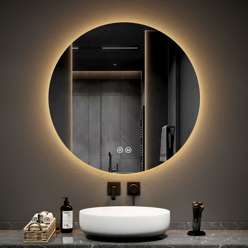 foto del prodotto specchio da bagno rotondo a led con interruttori touch retroilluminati senza cornice diametro 80 cm luce bianca fredda calda neutra emke