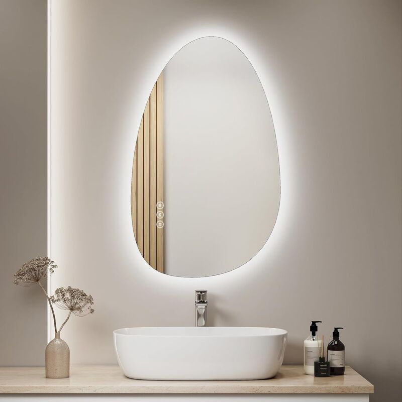 foto del prodotto specchio da bagno rotondo asimmetrico illuminato da 85 x 50 cm con interruttore touch, dimmerabile, 3 colori di luce regolabili.