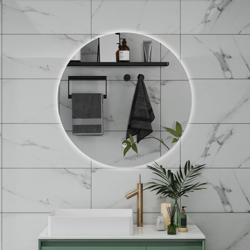 foto del prodotto specchio da bagno rotondo con led 70 x 70 cm, antiappannamento, interruttore a sfioramento retroilluminato 