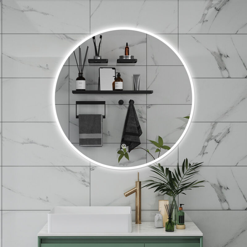 foto del prodotto specchio da bagno rotondo con led 80 x 80 cm, antiappannamento, interruttore a sfioramento
