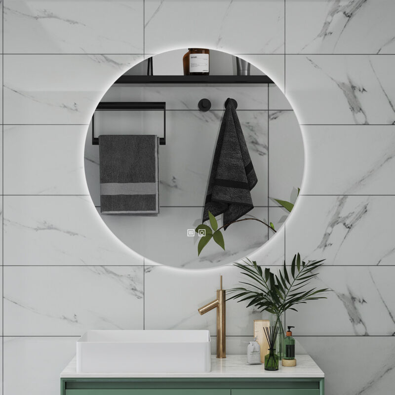 foto del prodotto specchio da bagno rotondo da 80cm con led, antiappannamento, 3 temperature colore, retroilluminato