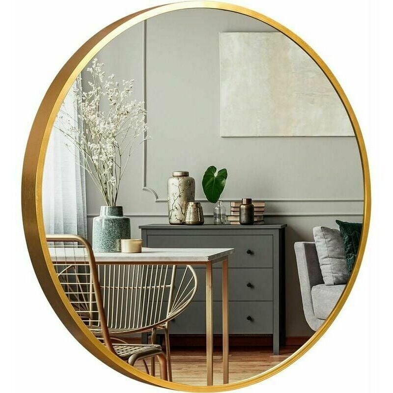 foto del prodotto specchio da bagno semplice, specchio da parete, rotondo, con cornice in alluminio specchio rivestito in teflon oro da 60 cm, cornice per specchio