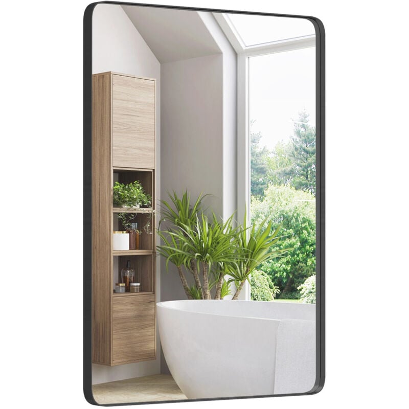 foto del prodotto specchio da parete 76,5 x 56 cm per bagno specchio cosmetico da parete rettangolare robusta struttura in metallo orizzontale verticale nero 200008912