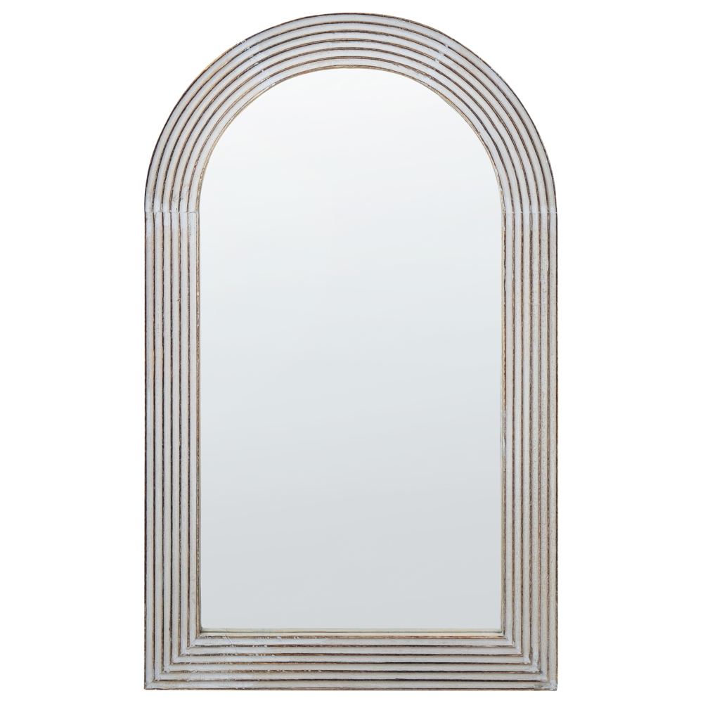 foto del prodotto specchio da parete con cornice in legno di mango bianco sporco 65 x 107 cm finitura bianca e afflitta decorazione da parete in stile vintage