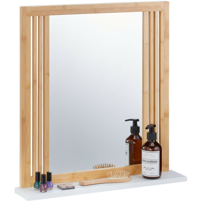 foto del prodotto specchio da parete da bagno, mensola, specchiera rettangolare con ripiano, 56,5 x 54 x 10 cm, naturale bianco relaxdays