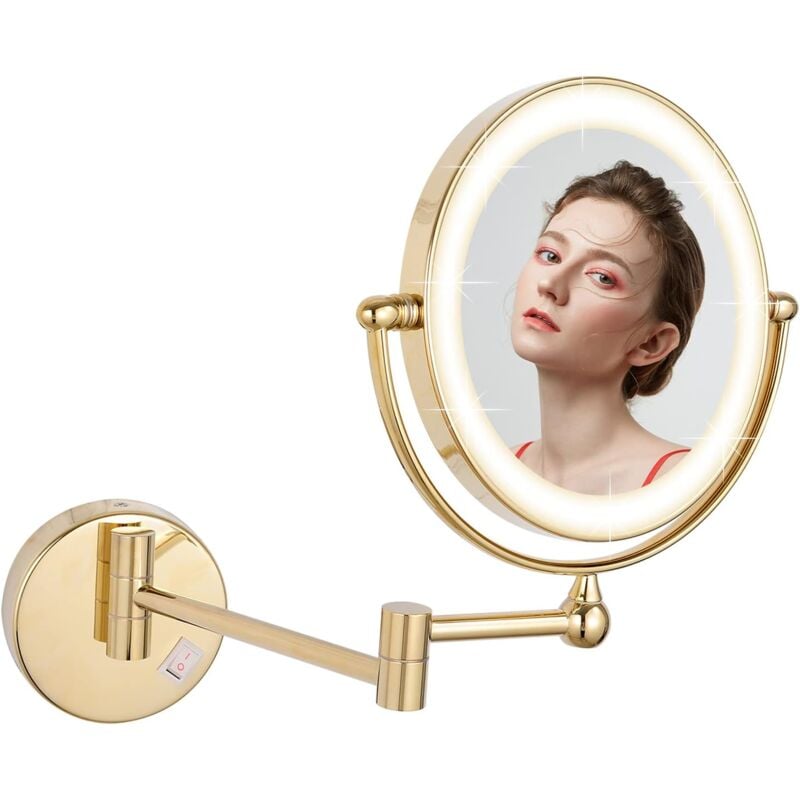 foto del prodotto specchio da parete dorato con specchio ingranditore illuminato, estensibile, specchio per il trucco, con ingrandimento 10x, girevole a 360 e