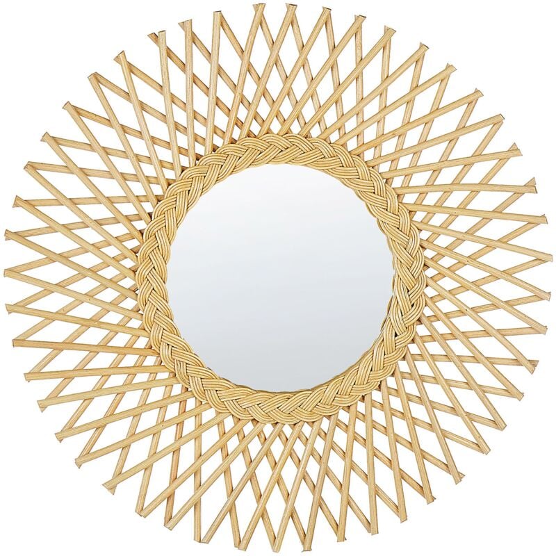 foto del prodotto specchio da parete in rattan naturale 60 cm boho forma di sole ganci di montaggio soggiorno camera da letto