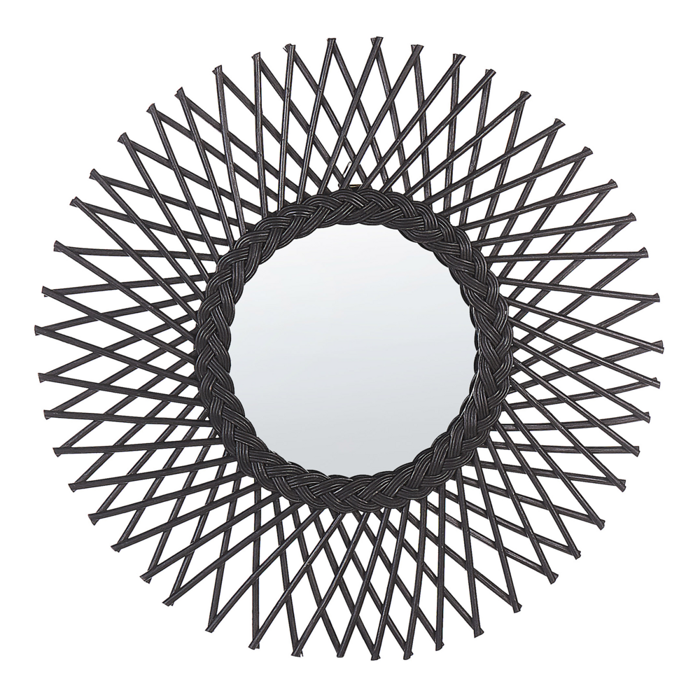 foto del prodotto specchio da parete in rattan nero 60 cm boho forma di sole ganci di montaggio soggiorno camera da letto