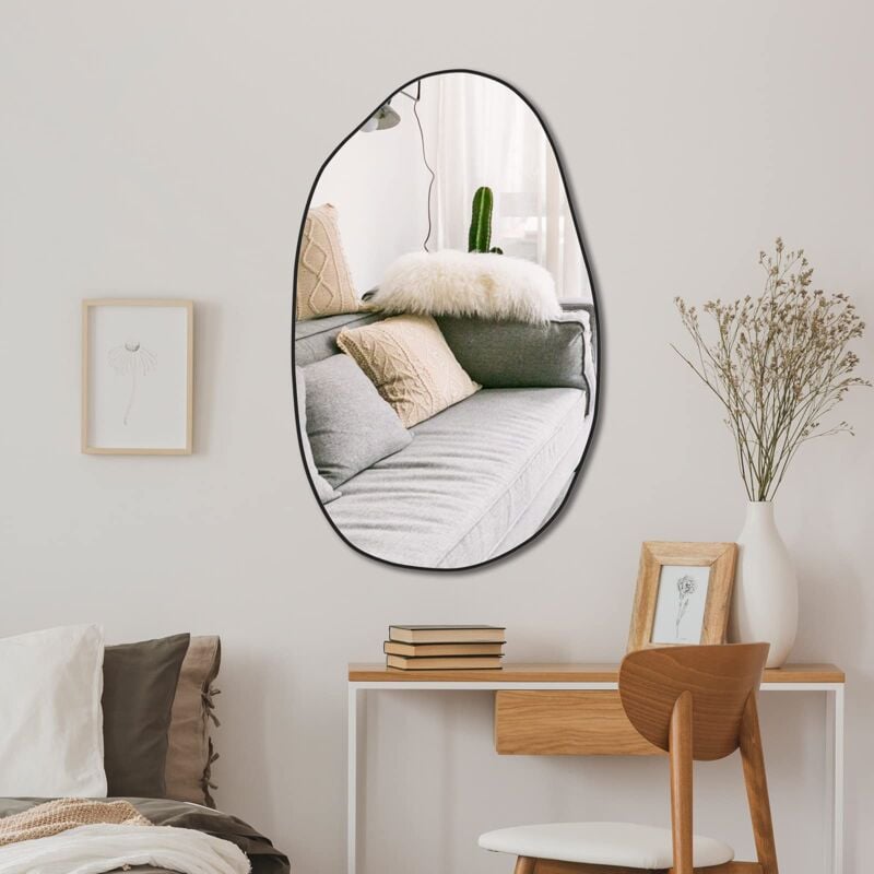 foto del prodotto specchio da parete irregolare 85 x 52 cm, specchio asimmetrico da parete, specchio cosmetico unico in legno, specchio decorativo per soggiorno,