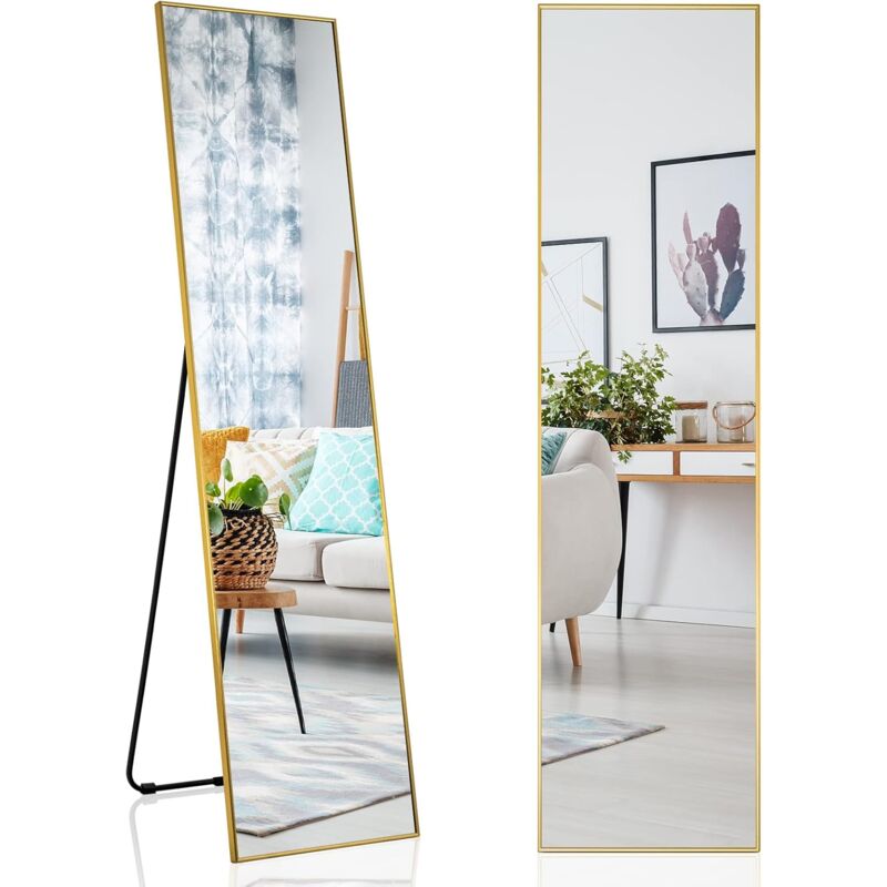 foto del prodotto specchio da parete lungo, specchio da terra appendere con cornice in lega di alluminio e ganci, per camera da letto e soggiorno, 160 x 40 cm oro 