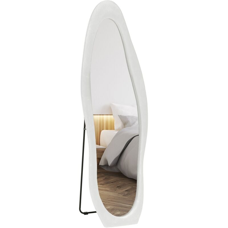 foto del prodotto specchio da parete o da terra autoportante a figura intera con cornice ondulata in velluto 160x50 cm bianco