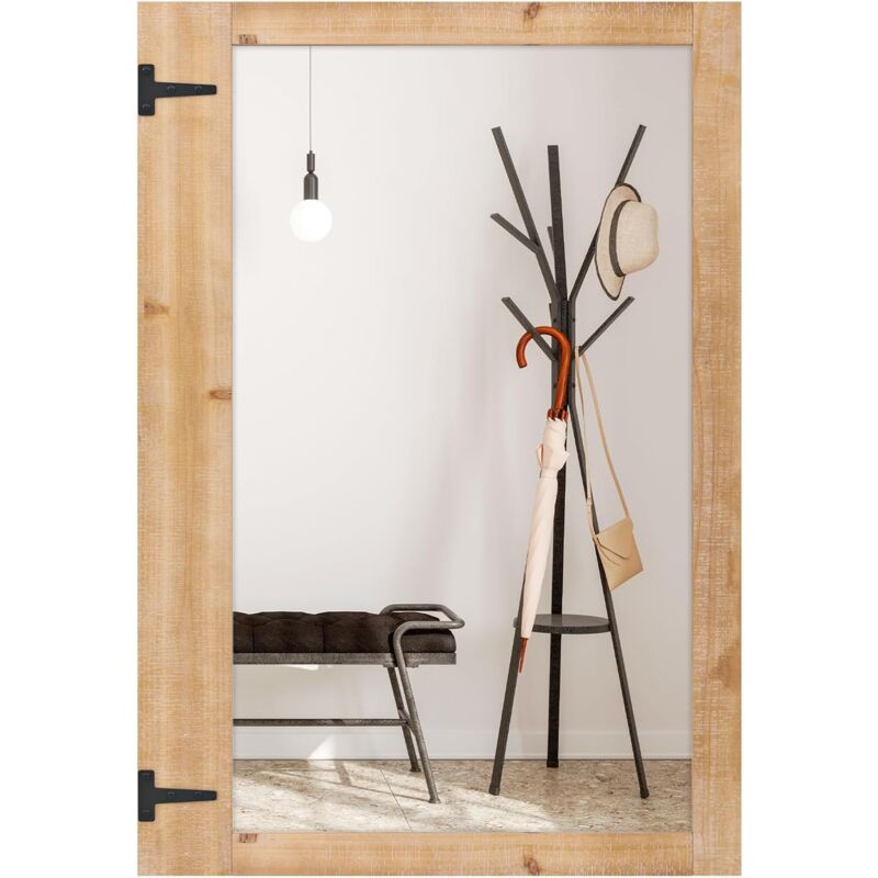 foto del prodotto specchio da parete rettangolare 97 x 67 cm, specchio decorativo con cornice in legno, ganci in metallo, stile rustico, montaggio verticale e