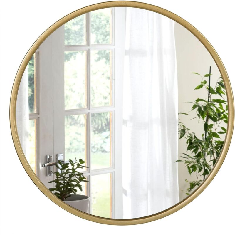 foto del prodotto specchio da parete rotondo 50 cm. specchio rotondo dorato con cornice in metallo. specchiera da bagno. specchio per trucco. specchio decorativo da