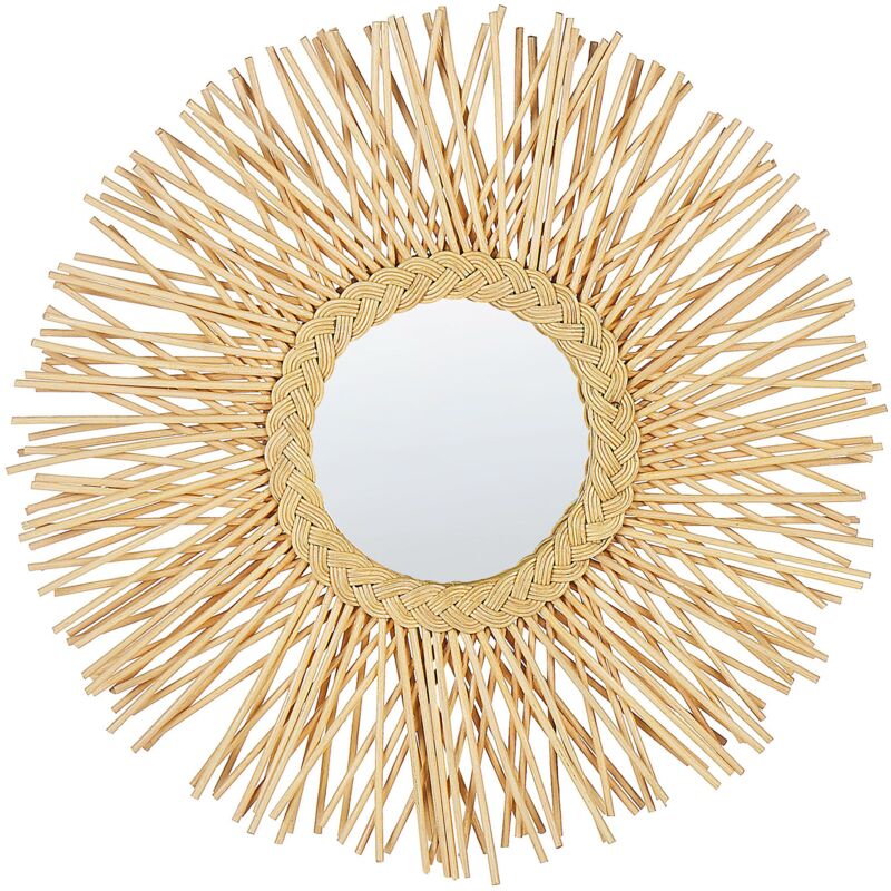 foto del prodotto specchio da parete rotondo moderno con cornice in rattan 60 cm chiaro kalasin