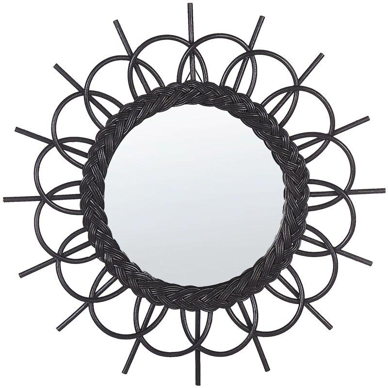 foto del prodotto specchio da parete rotondo moderno con cornice in rattan 60 cm nero telakia