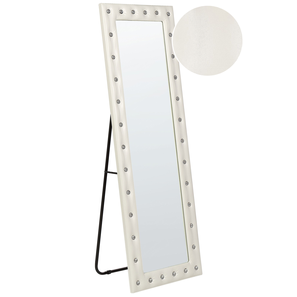 foto del prodotto specchio da pavimento in pelle sintetica bianca 50 x 150 cm cornice decorativa strass con supporto glamour da appendere per armadio camera da letto soggiorno