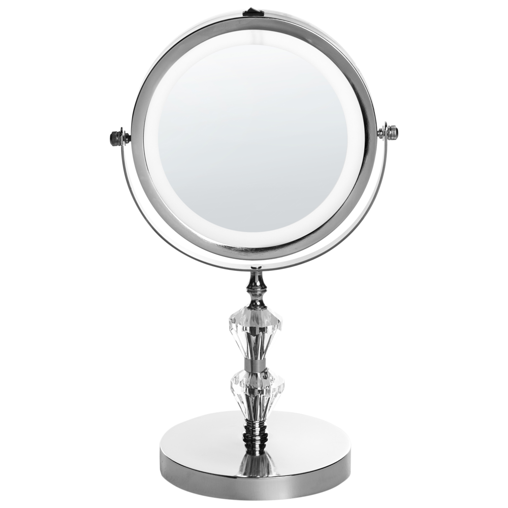 foto del prodotto specchio da tavolo illuminato in metallo argentato 20 cm con luci led d'ingrandimento bifacciali