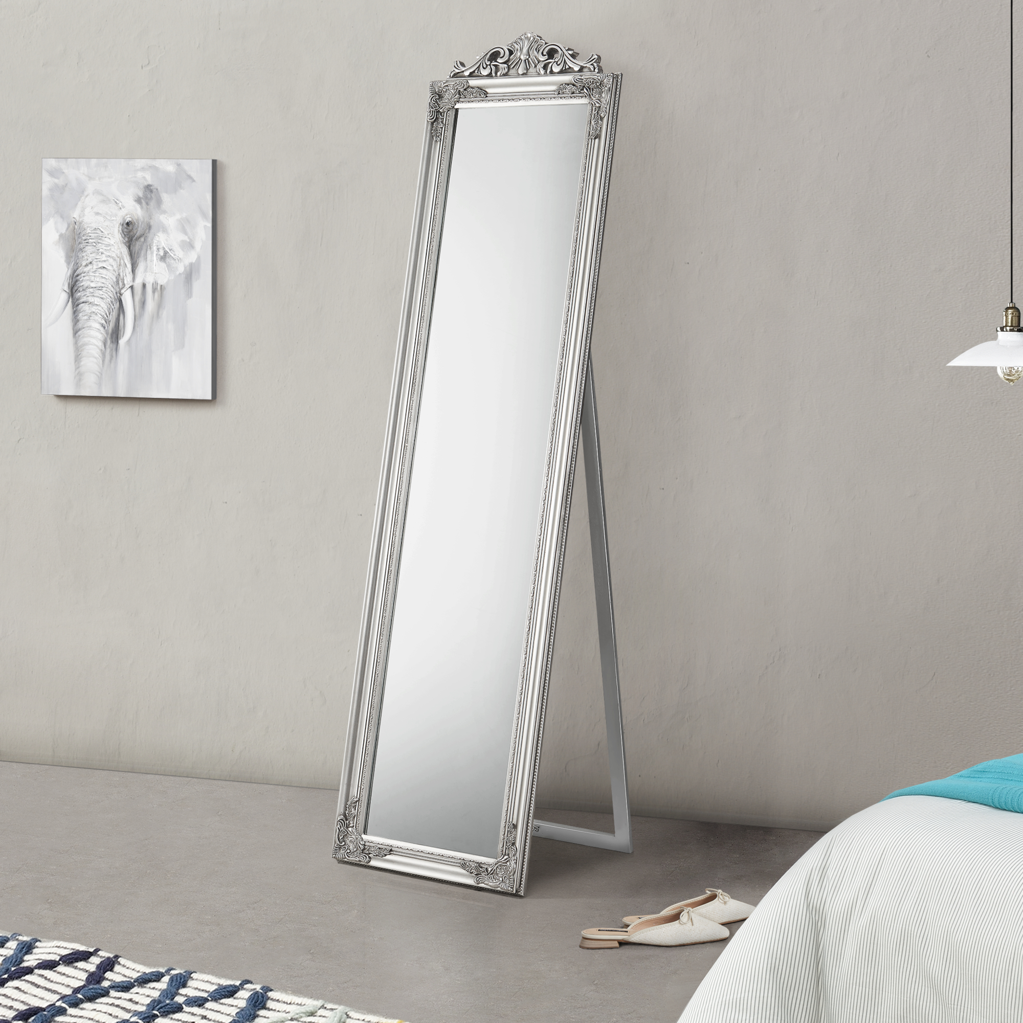 foto del prodotto specchio da terra arezzo a figura intera 160 x 40 cm cornice in eucalipto argentato en.casa 