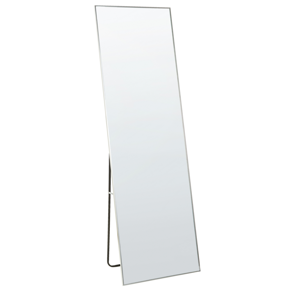 foto del prodotto specchio da terra con cornice in alluminio argento 170 x 57 cm con supporto dal design moderno incorniciato a figura intera