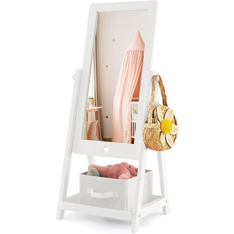 foto del prodotto specchio da terra per bambini in legno con scaffale contenitore, specchio per cameretta girevole con cesto ripiegabile, 45 x 40 x 112 cm, bianco