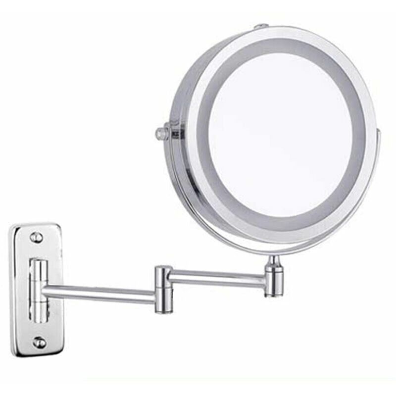 foto del prodotto specchio da toeletta a parete illuminato a led, doppia faccia, lente d ingrandimento 10x, rotazione a 360 , retrattile, cromato, 7 pollici
