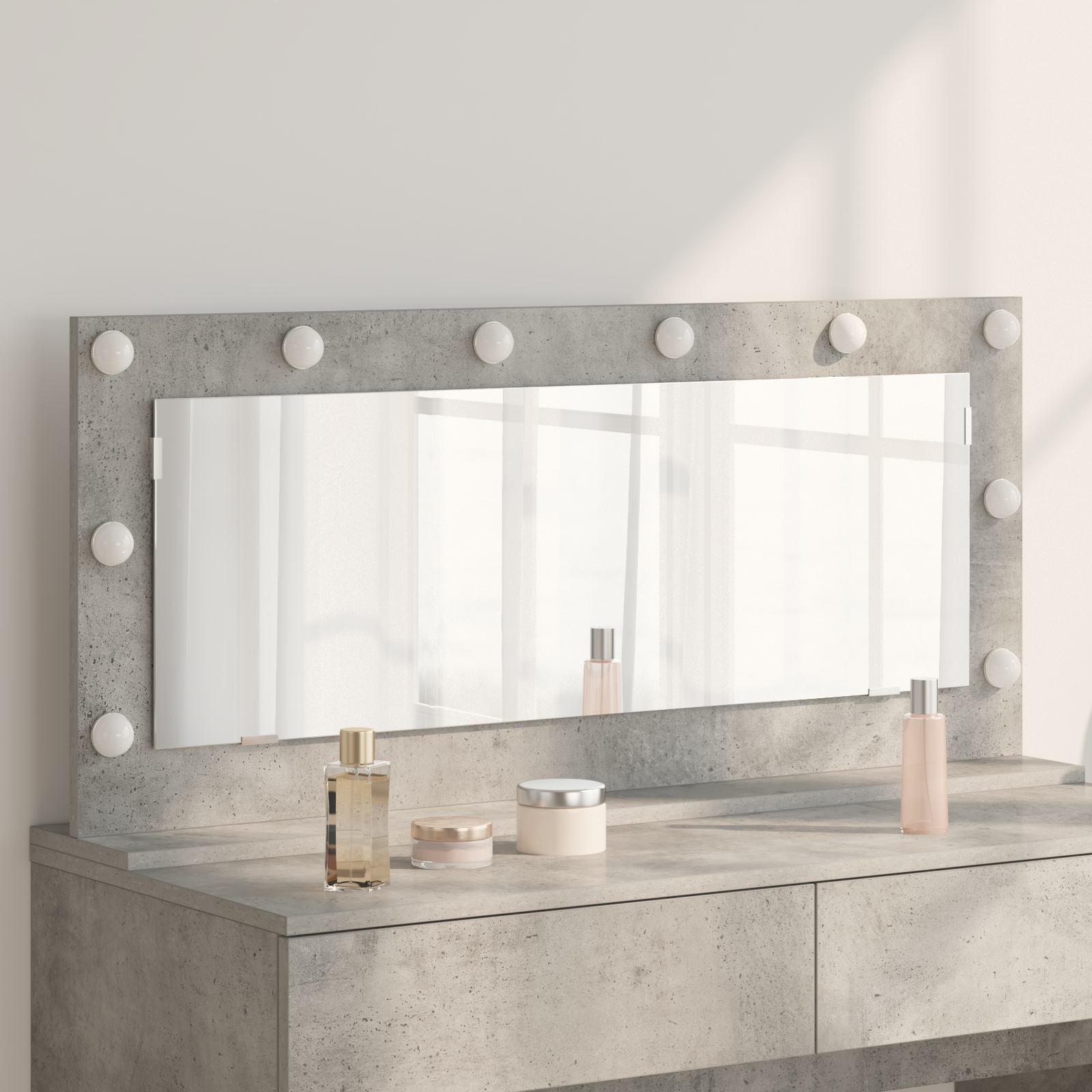 foto del prodotto specchio da toeletta con luci led grigio cemento 100x45x18 cm